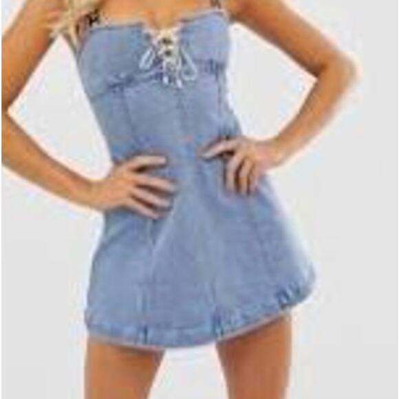 Miss Sixty Strapless Denim Corset Mini Dress Small | Lace-Up Front  Y2K Retro - Picture 1 of 11